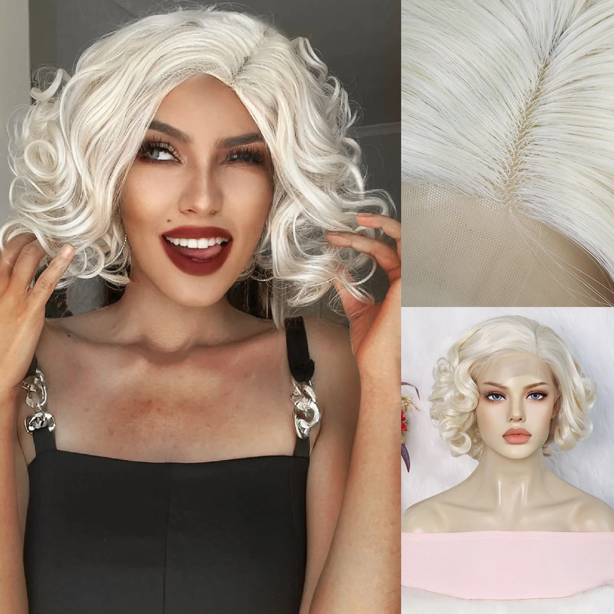 

Short Platinum Blonde Curly Synthetic Lace Front Wig 13*3.5*1 for Women Daily Use