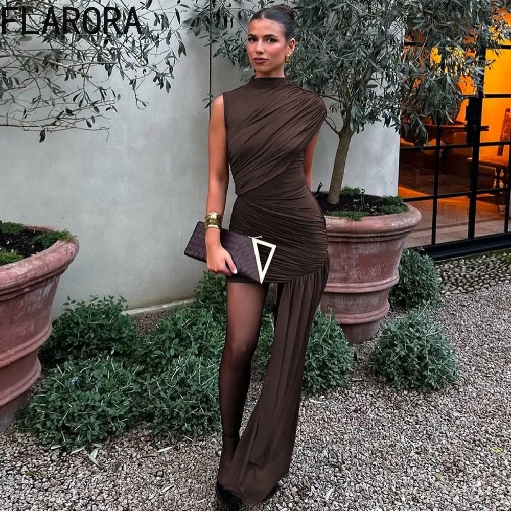

FLARORA Elegant Irregular Draped Ruched Mini Dress Woman Turtleneck Sleeveless High Waist Slim Fit Dresses Sexy Party Club Dress