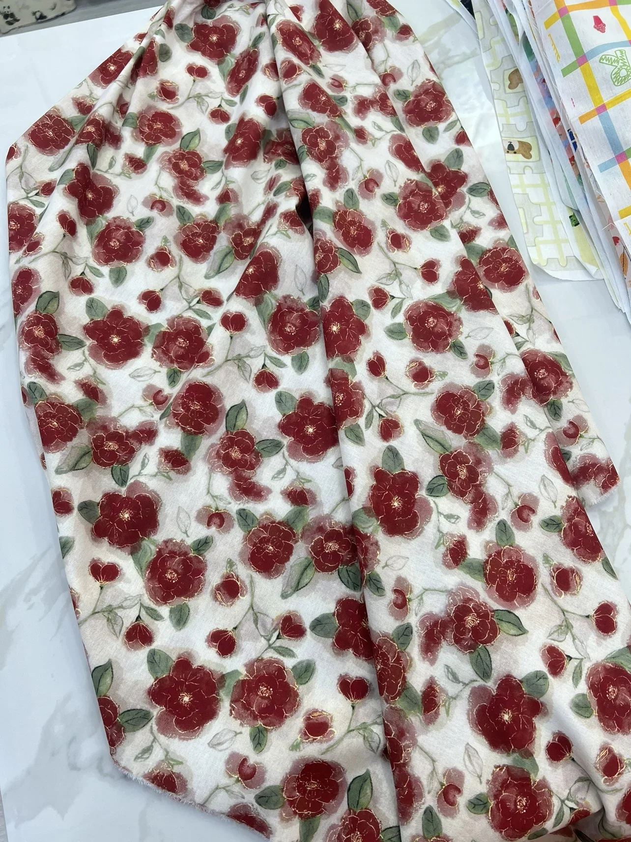 140x50cm Digital Printing Cotton Fabric, Handmade DIY Sundress, Spring Summer Camellia Red Floral Fabric