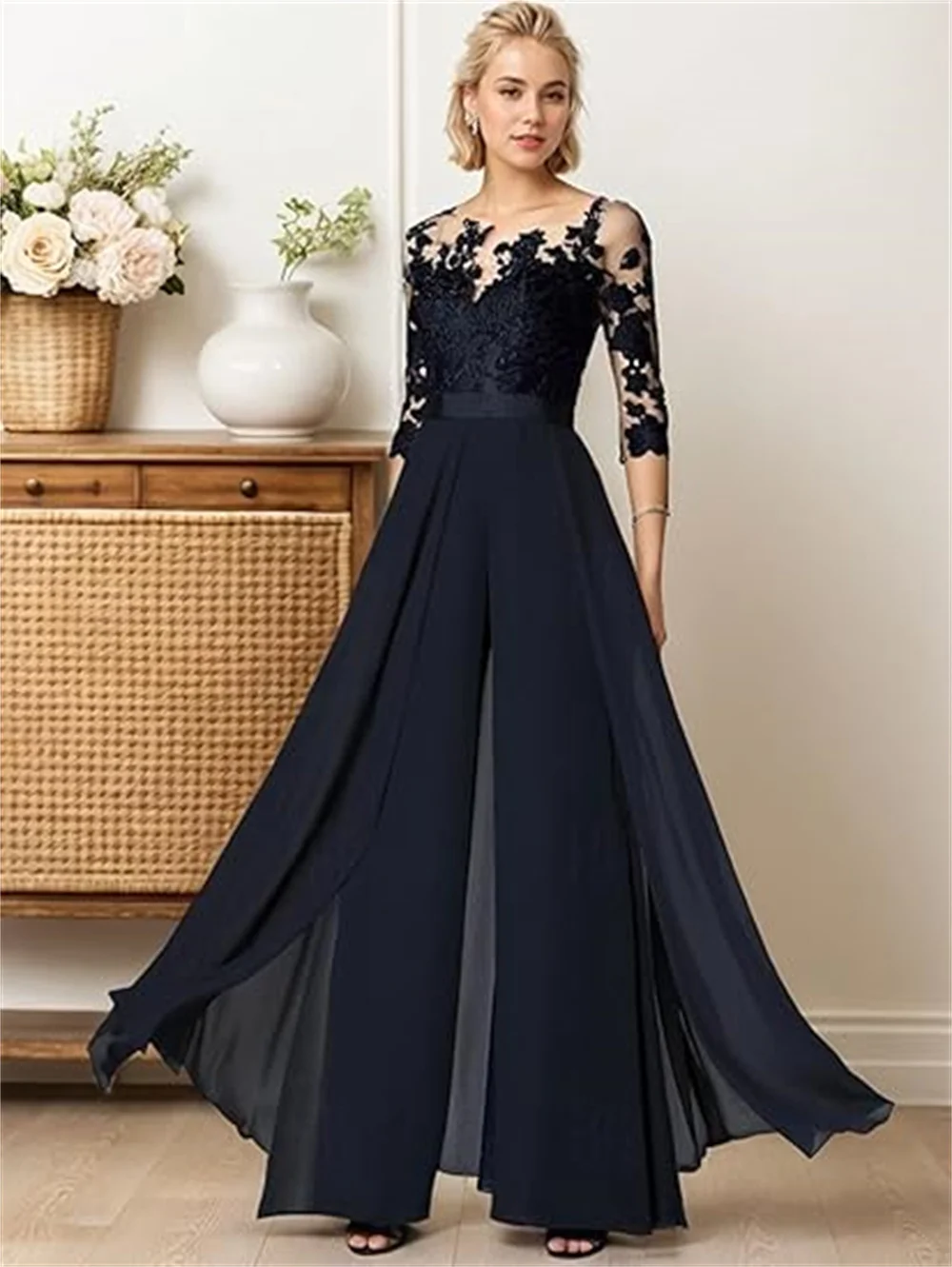 Jumpsuit Mother of The Bride Dresses For Wedding Guest Ankle Length 3/4 Sleeve Lace Applique Chiffon Formal Evening Gowns 2024