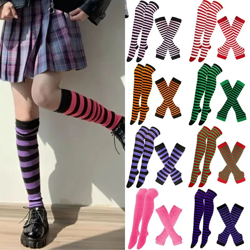 Women Girls Over Knee Long Stripe Socks Arm Sleeve Gloves Sweet Cute Plus Size Overknee Socks Knitted Warm Soks Black White