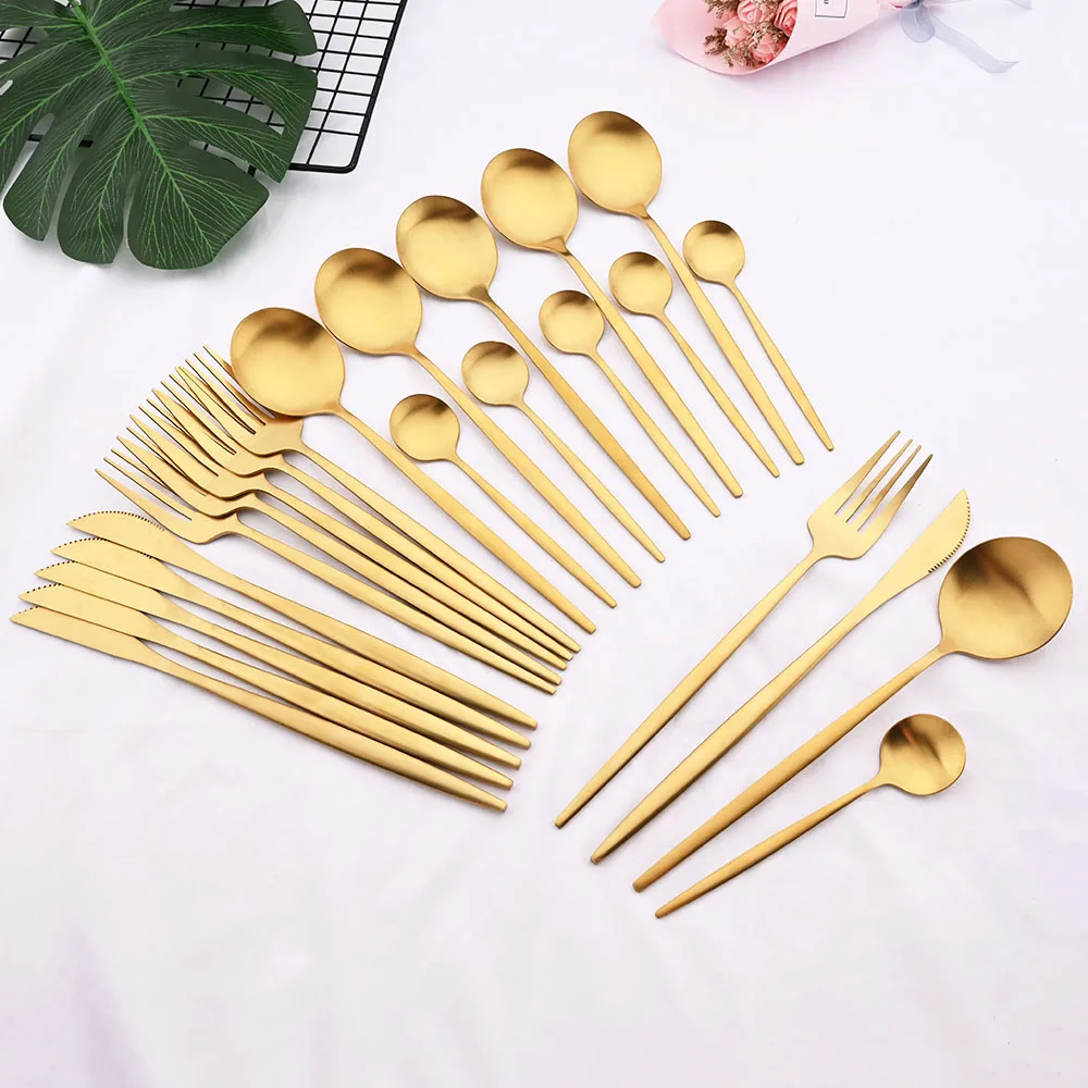 6People Champagn Gold Stainless Steel Dinnerware Flatware Set Matte Steak Knife Fork Tea Spoon Cutlery Party Kitchen Tableware