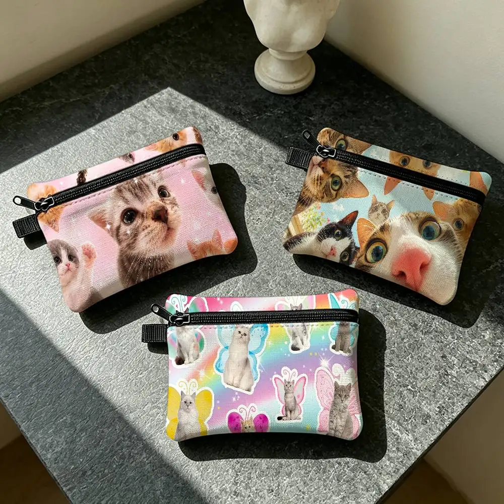 Cute Cat Kawaii Art Pink Cartoon Waterproof Zippered Coin Purse – Lightweight Hanging Wallet For Coins ID Cards