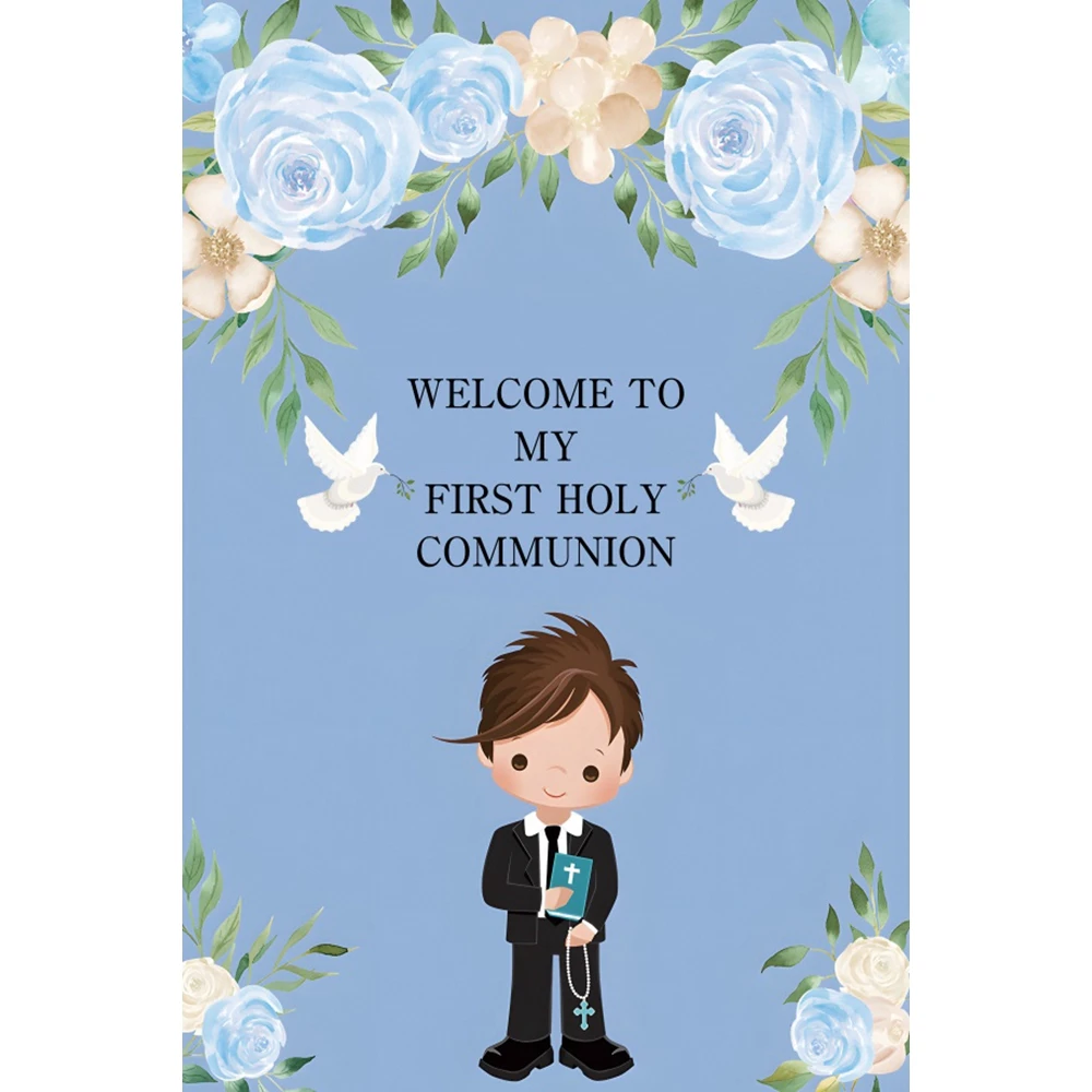 Girl Boy First Holy Communion Backdrop Flower Leaves Christening Baptism God Bless Kids Portrait Photography Background Decor
