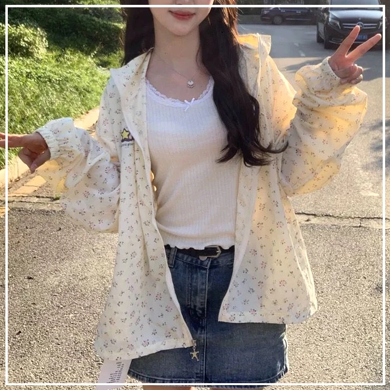 

Корейский вариант, сладкий цветочный принт, молодежная жизненная безопасность, комфортный свободный крой, Солнцезащитный кардиган, Женское пальто, лето 2024