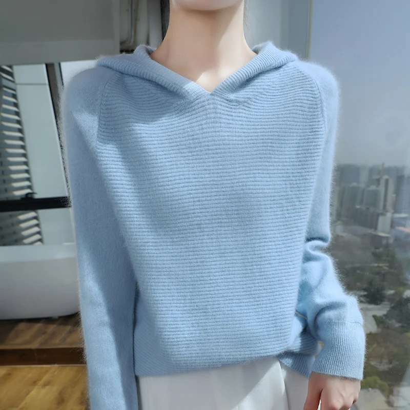 Winter New Mink Fur Hoodie Women's Hooded Sweatshirt Wool Sweater Loose Solid Color Base Knit Sweater Casual Commuting Outerwear