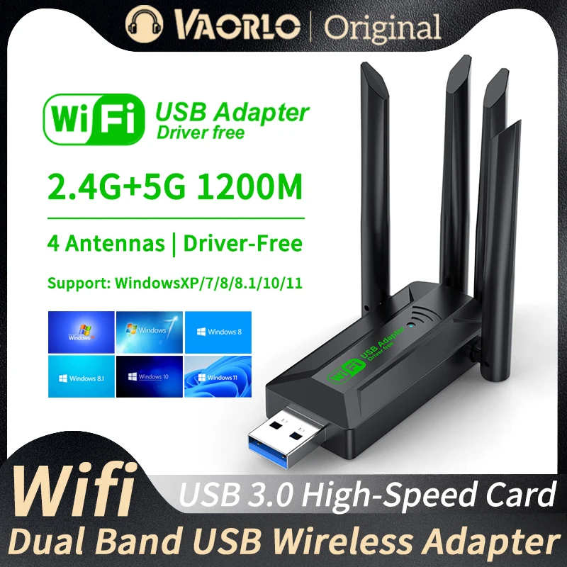 อะแดปเตอร์ USB WiFi ความเร็ว 1200Mbps แบบดูอัลแบนด์ 2.4G+5Ghz ดองเกิล Wi-Fi 4 เสาอากาศ 802.11AC USB3.0 การ์ดรับสัญญาณไร้สายความเร็วสูงสำหรับพีซี/แล็ปท็อป