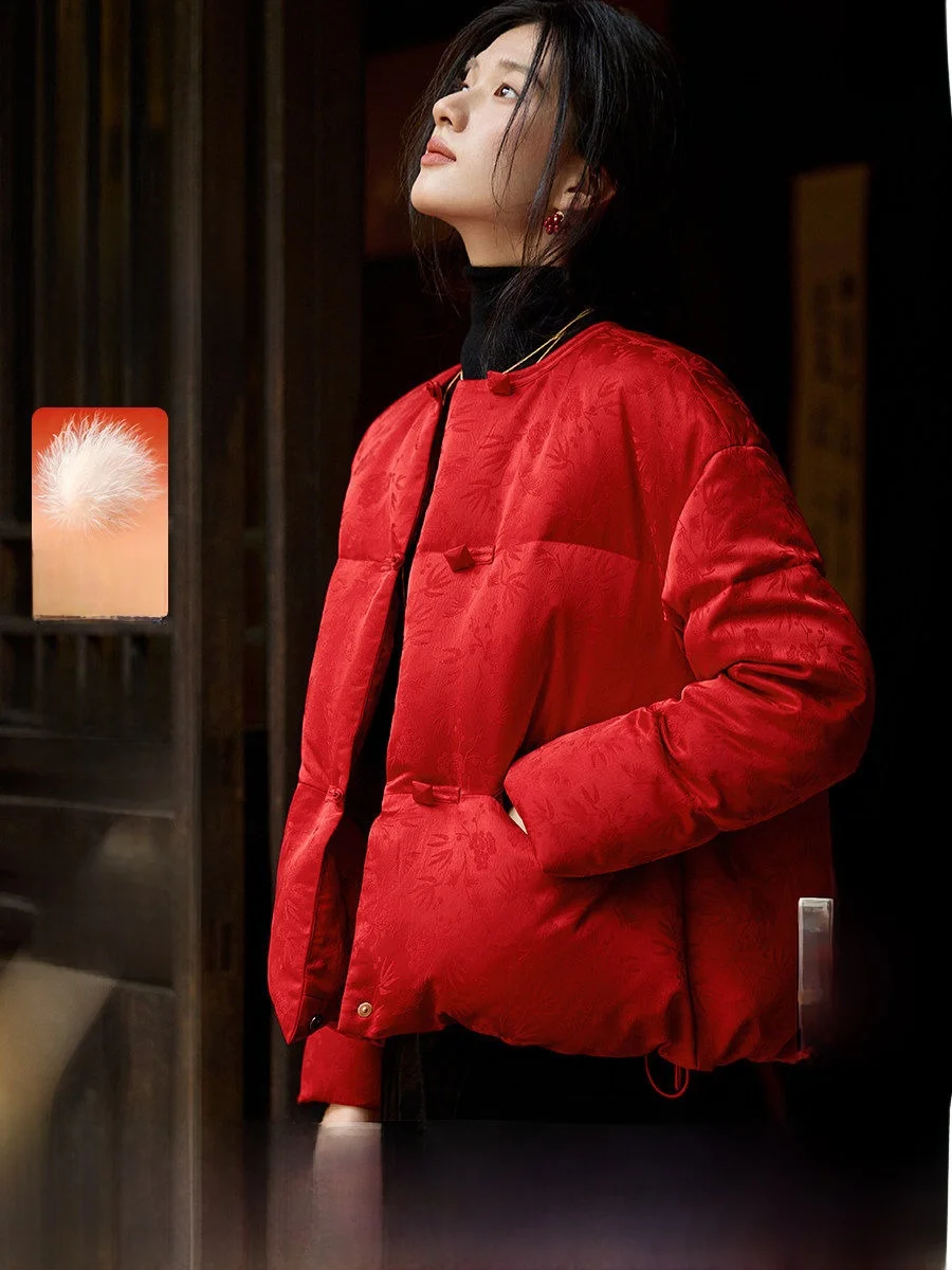 

XWI Китайское пуховое пальто с вышивкой для женщин, зимнее, красное, новогоднее, теплое, с длинными рукавами, укороченное