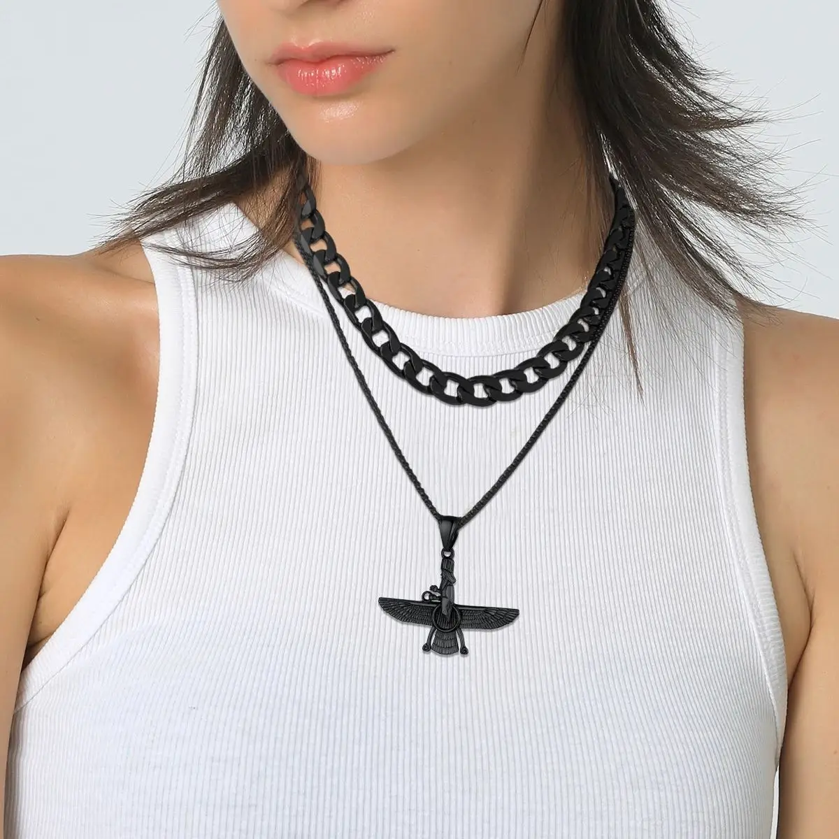 U7 316L Stainless Steel Iranian Size S/L Faravahar Necklace Fravashi Spiritual Power Ancient Persia Symbol Unisex Jewelry Gift