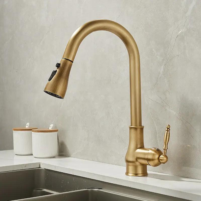 2026 Articulated Faucet Kitchen Sink Mixer Tap Only Antique Bronze Pull Out Crane 3 in 1 Water Hot Cold With Sprayer Accessory