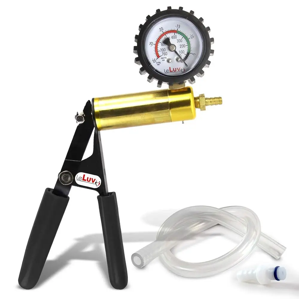 

Ultima Brass Vacuum Pump Handle - Gauge Installed with Protective Rubber Cover - Black Rubber Padded Grips, Clear Hose & Male O-