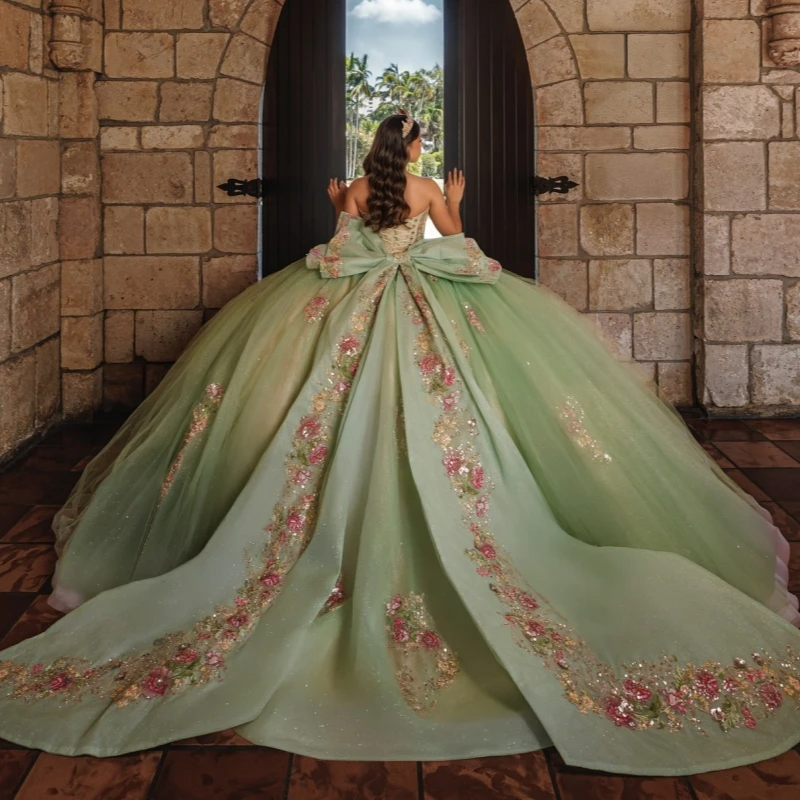 فساتين Quinceanera للأميرة باللون الأخضر النعناعي بدون أكتاف مزينة بالترتر مطرز بالخرز بفيونكة كريستال تول حلو 16 فستان حفلة فيستدوس