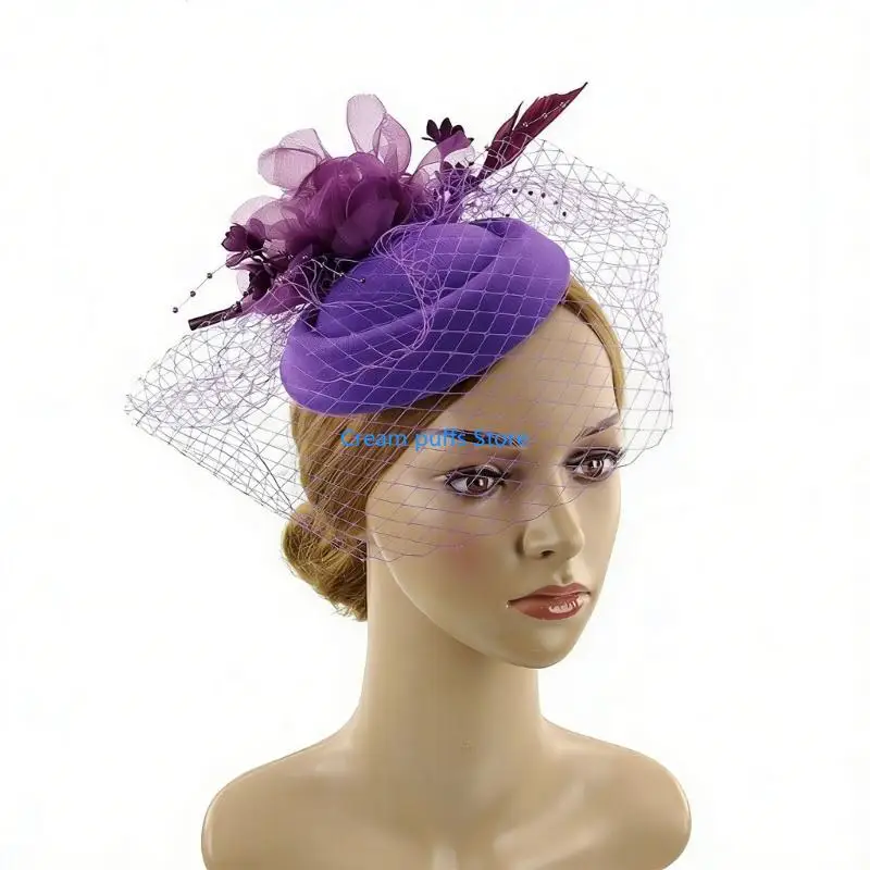 50LE Romance Fascinator Cap Fedoras Hat for Women Photography Antique Feathered Flower Bowler Hat For Cocktail Tea Party