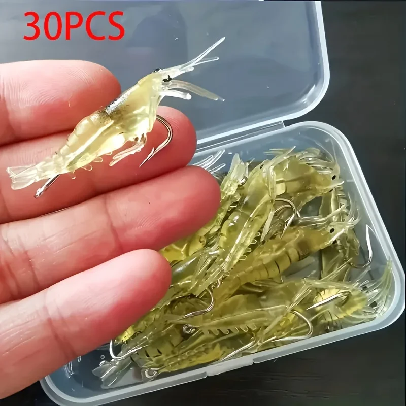 30 unids/caja de cebo de camarón suave realista de silicona con gancho para camarones, cebo para bajo y Topmouth Culter