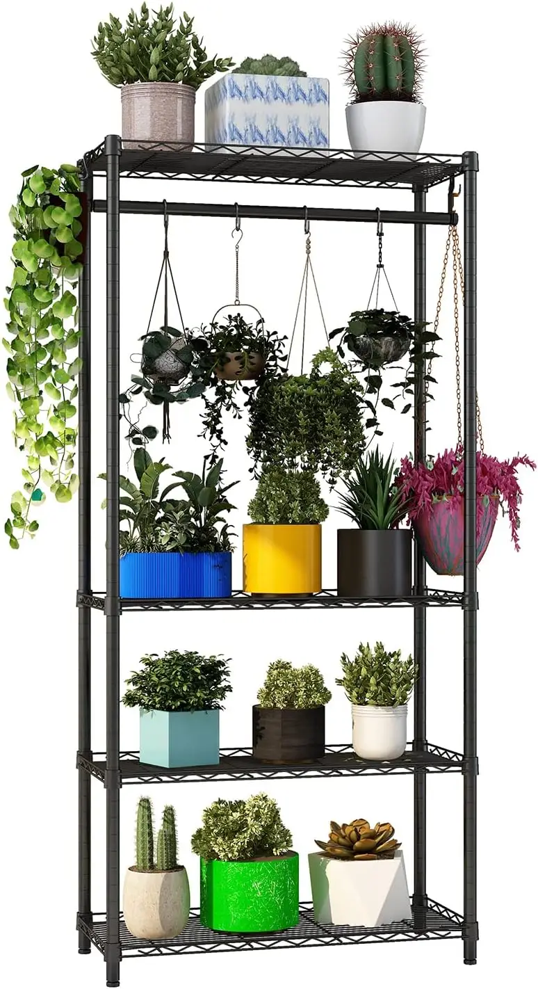 

Metal Plant Stand with Adjustable Shelves and Hanging Rod for Indoor Outdoor Use in Bedroom Living Room Balcony Garden, Black