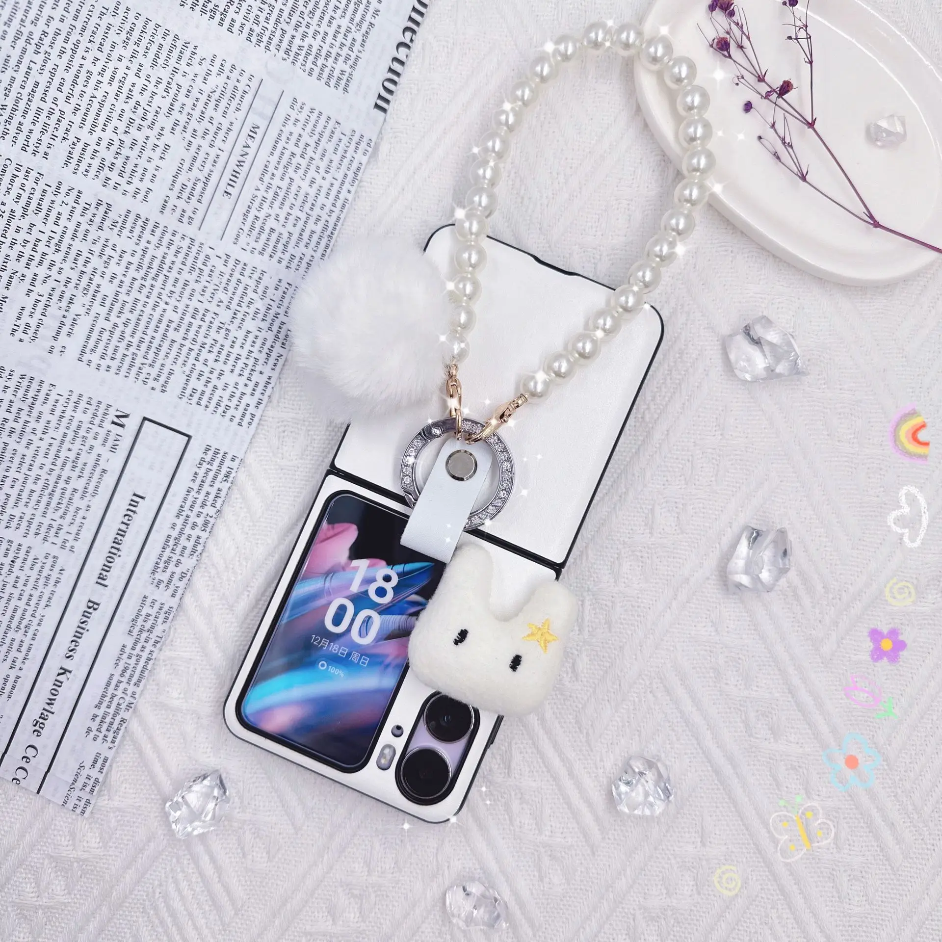 Case For OPPO Find N2 Flip DIY Plush Rabbit White Fur Ball Pearl Bracelet Ring Clasp Shockproof Hard Mobile Phone Case Cover