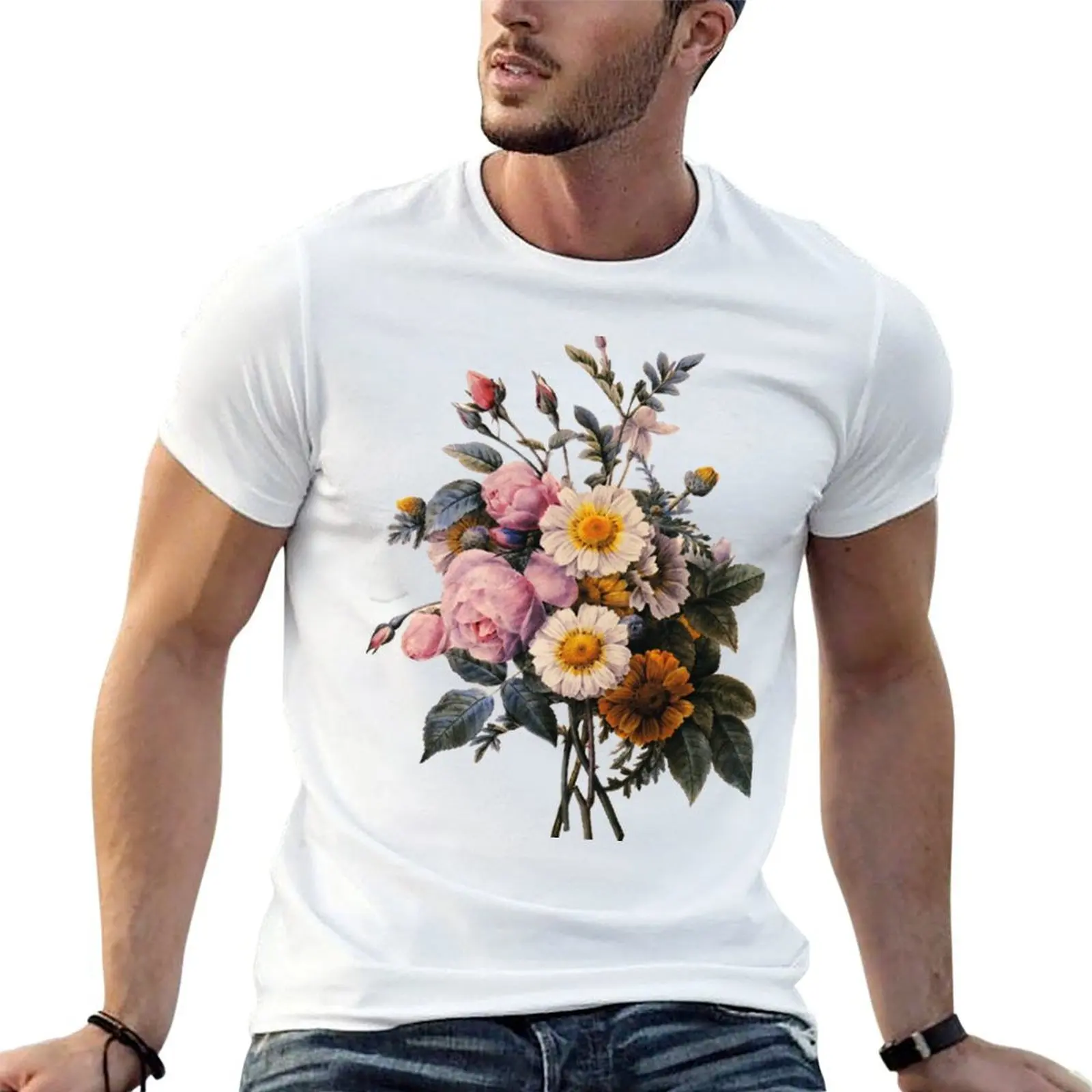 vintage botanical art, beautiful yellow daisy and pink rose flowers. T-Shirt quick drying rapper graphic tees luxury clothes men