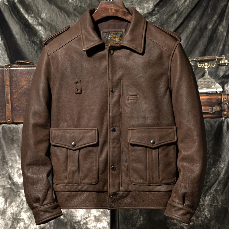 

Dark Brown Winter Leather Jacket Men Retro Style Plus Size 5XL Genuine Natural Cowhide Turn-Down Collar Police Leather Coat