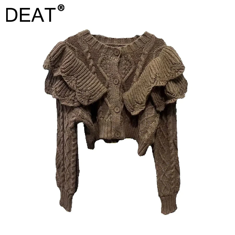 DEAT Women's Sweaters Knitting Brown Ruffles Edge Twist Shape Long Sleeve Short Cardigan 2024 New Fashion Autumn 11A01435