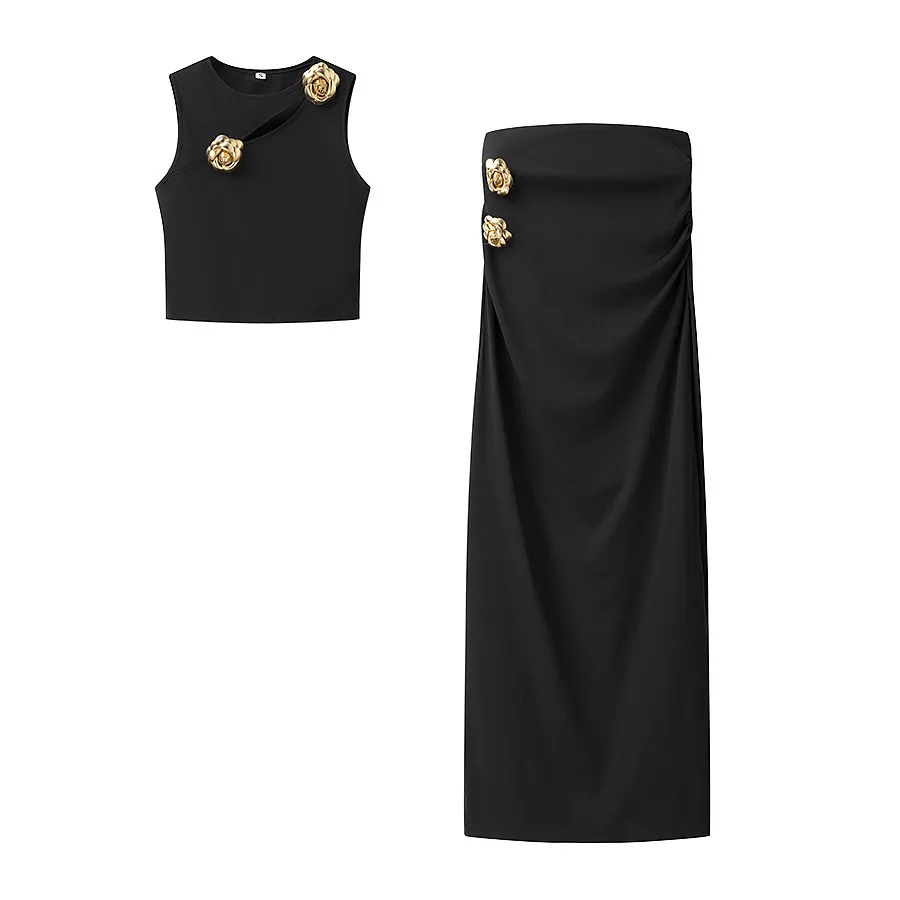 

ZBZA Women's 3D Golden Rose Asymmetric Vest Skirt Suit Hollow O-neck Cropped Top High Waist Hidden Zip Skirt Summer New Chic Set