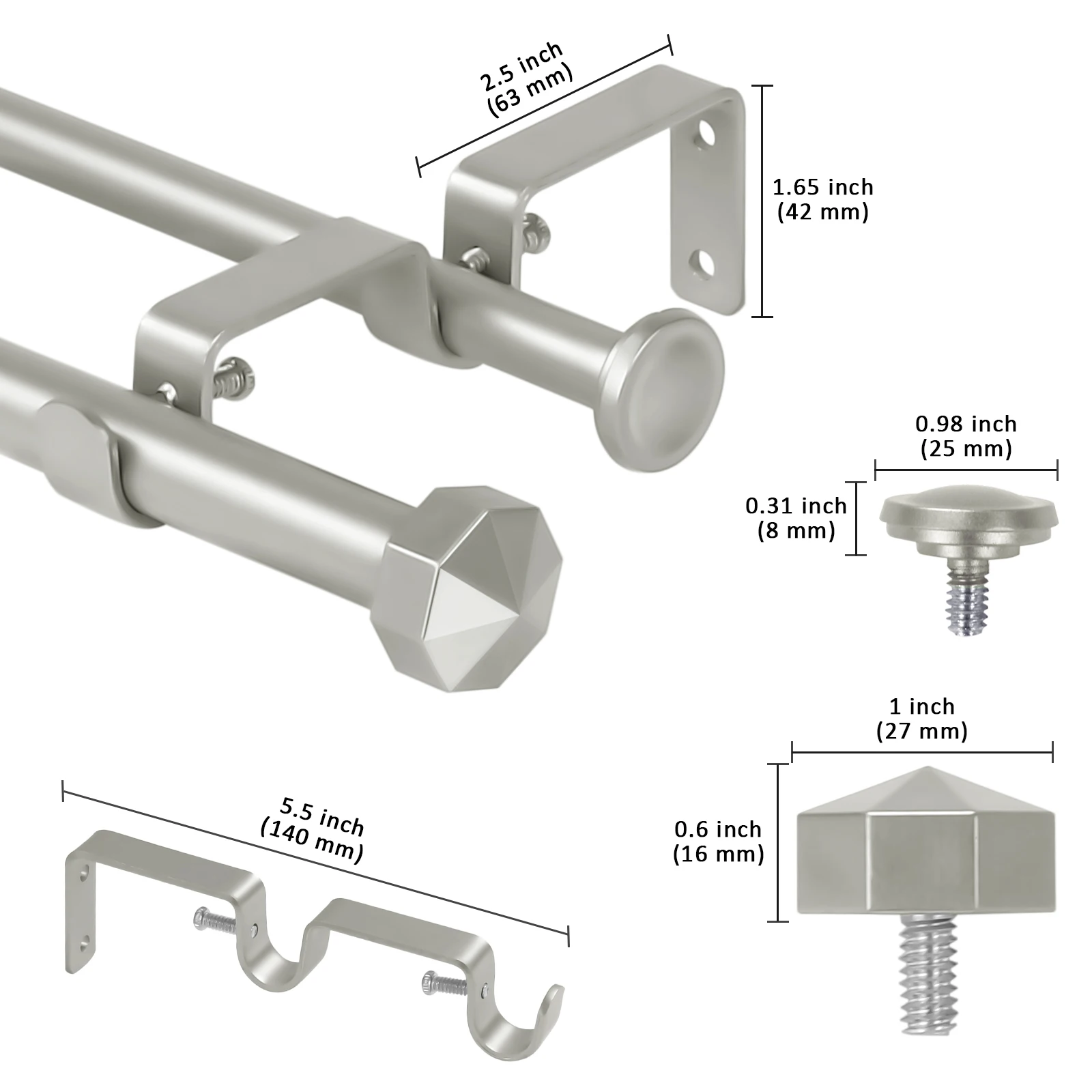 5/8" Diameter Adjustable Double Curtain Rods with Octagonal Finials, 28"-48"/48"-84"/84"-120"