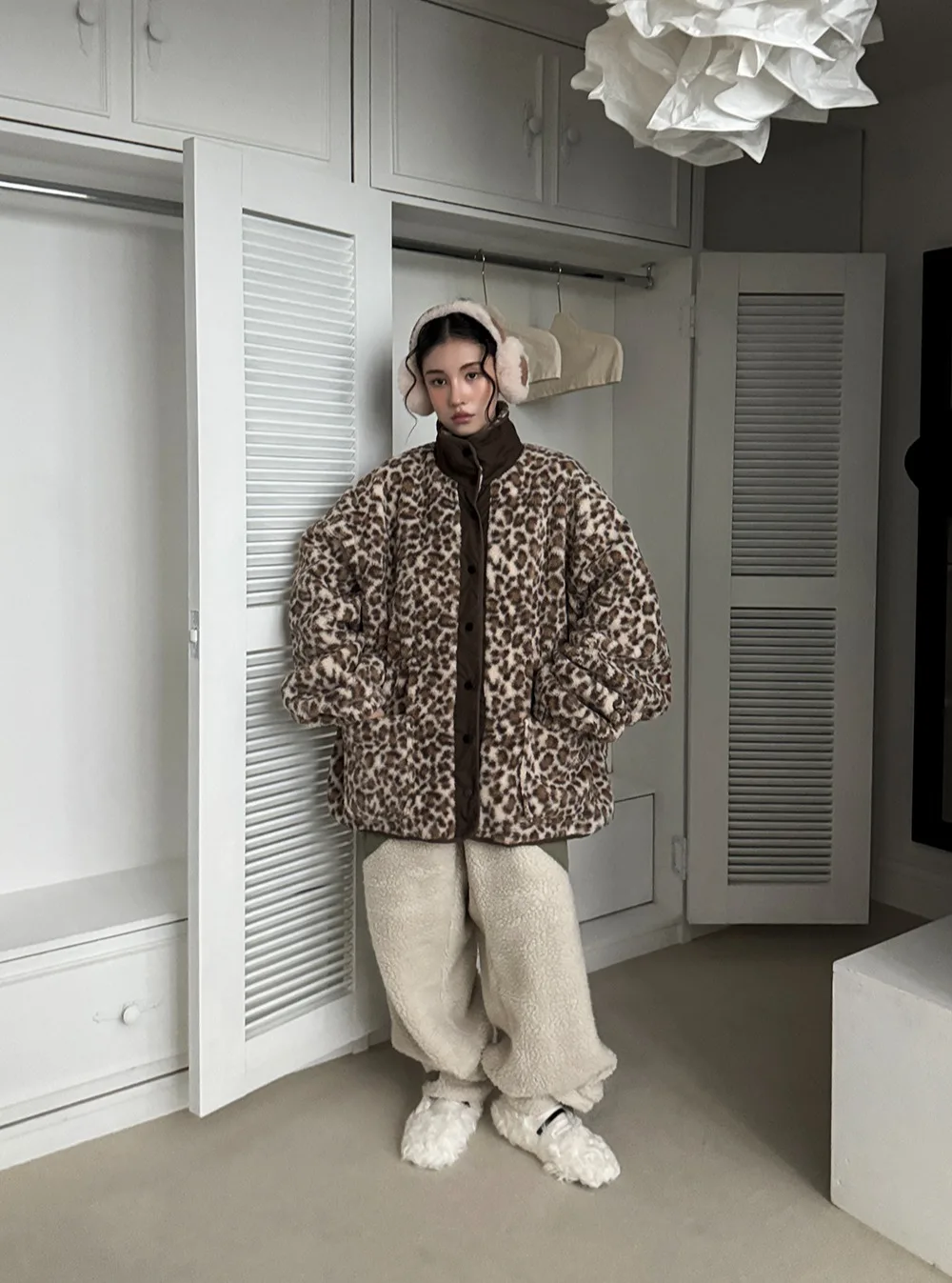 

Plu Leopard Print Cotton Jaet Women's Stand Collar Color Blo Loose Autumn Winter Thiened Warm Cotton Coat Top