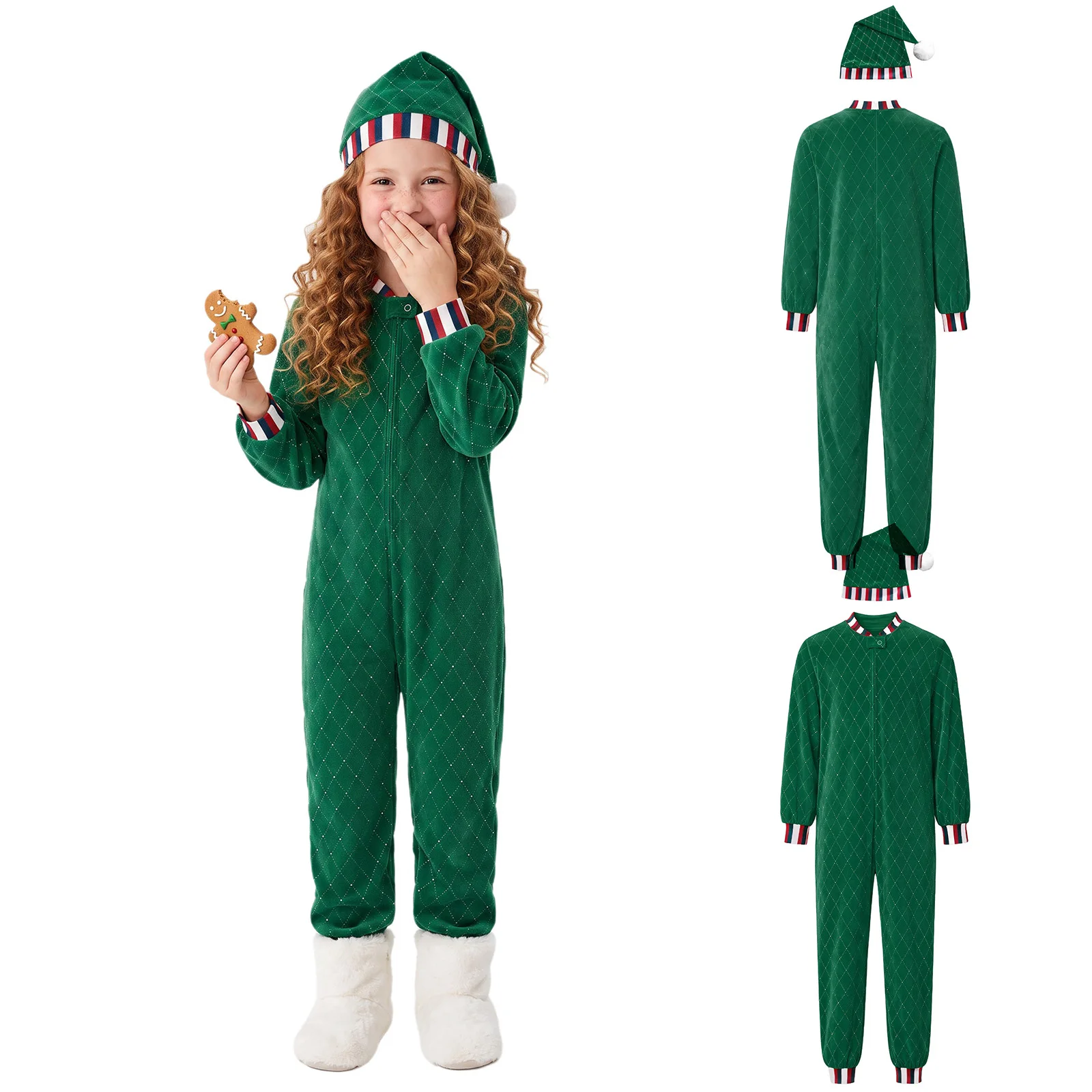 Kids Girls Party Xmas Christmas Santa Claus Costume Long Sleeve Zipper Velvet Jumpsuit with Hat for Festival Holiday Performance