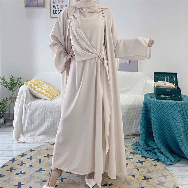 

Мусульманские женщины с открытыми абайями и бусинами, комплект из 2 предметов, кимоно с внутренним платьем, костюм, Турция, арабский кафтан, Дубай, Рамадан, ислам, Джалабия, наряды