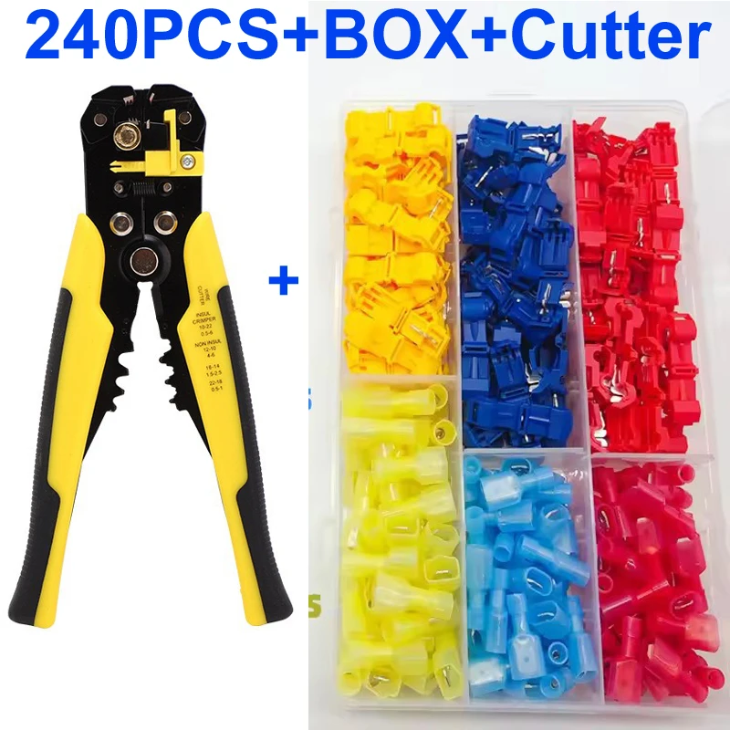 240 PCS Box Quick Cable Connectors Snap-Lock Wire Terminals Crimp T-Type Connector Wire Kit AWG Cutter Crimper Pliers RJ45 Netwo