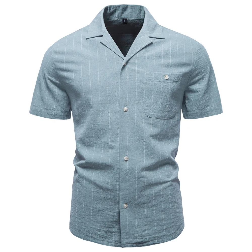 Summer 2026 High Quality Cotton Cuban Collar Vertical Striped Shirt Men's Business Casual Men's Short Sleeve Shirt