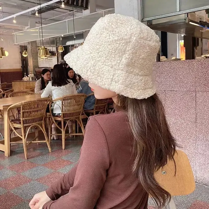 Unisex Harajuku Bucket Hat Solid Men Fishing Fisherman Hat Autumn Winter Lamb Wool Outdoor Warm Panama Cap For Women