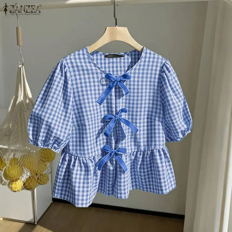 Elegant Short Sleeve Plaid Blouse ZANZEA Summer Women Tops Stylish Work Shirt Casual Lace-Up Holiday Blusas Mujer O Neck Chemise