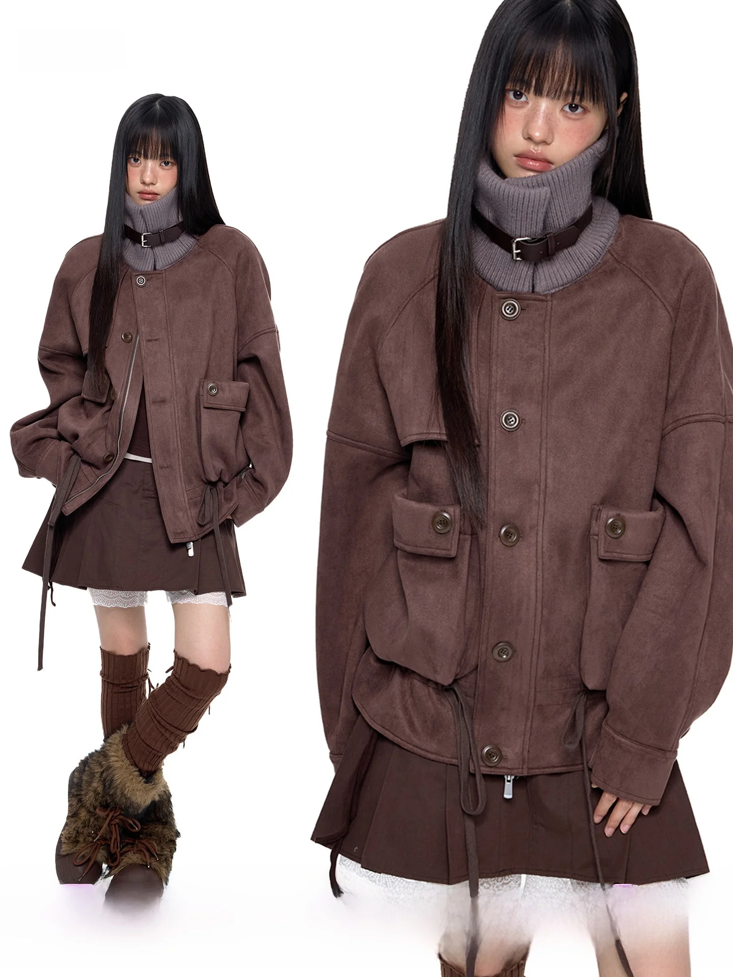 

EZEK вязаная замшевая куртка с высоким воротником, женская повседневная осенняя новинка, пуловер в стиле ретро, пальто с завязками для женщин