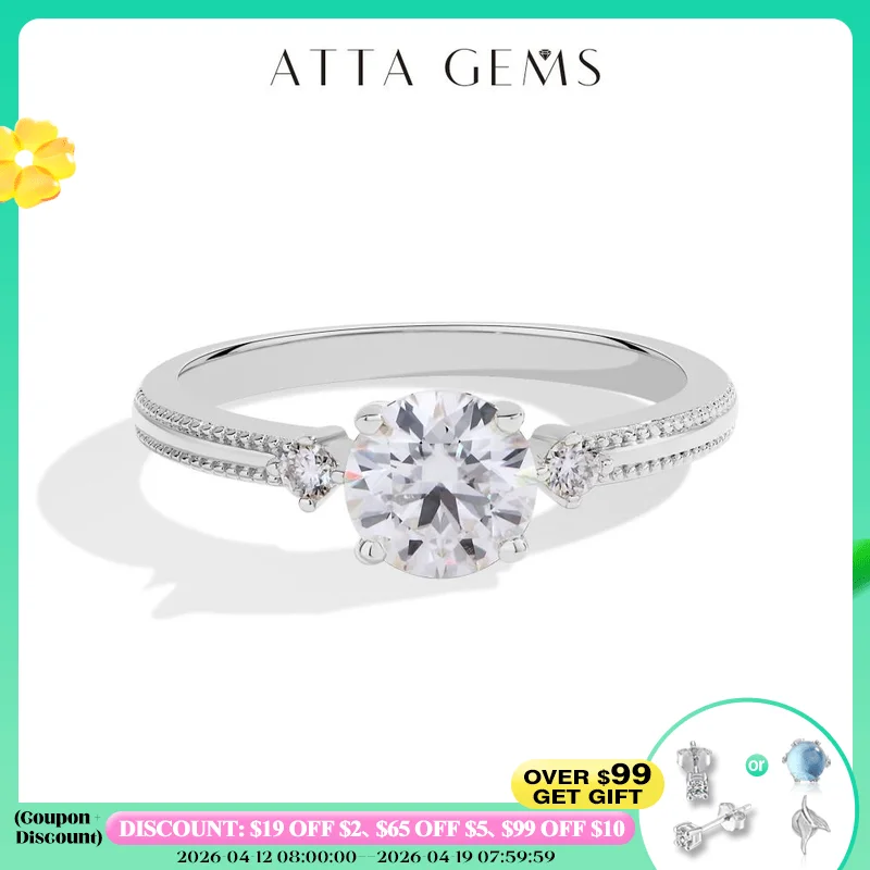 

ATTAGEMS 1CT 6.5mm Round Cut Moissanite Ring for Women 925 Silver 18K Gold Plated Bead Edge Design Engagement Party Jewelry Gift
