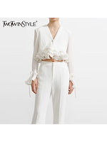 TWOTWINSTYLE Solid Spliced Ruffles Slimming Blouses For Women V Neck Long Sleeve Temperament Shirts Female Fashion Style Clothes