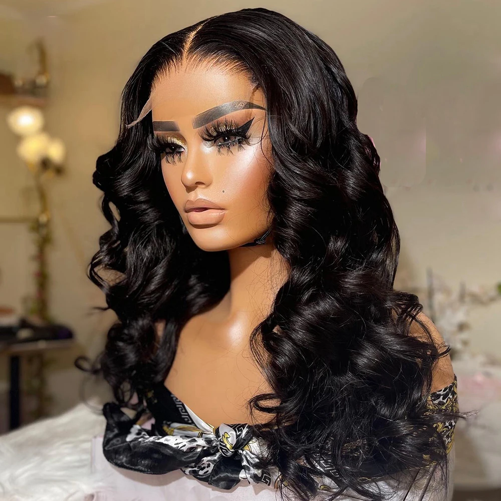นุ่ม 180 ความหนาแน่น 26 นิ้วสีดําธรรมชาติ Body Wave ยาวลึกวิกผมลูกไม้ด้านหน้าด้านหน้าสําหรับผู้หญิงสีดําผมเด็กก่อน plucked Glueless ทุกวัน