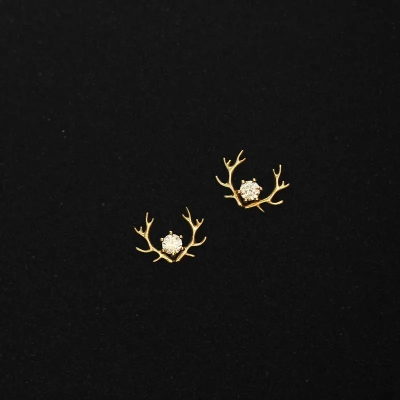 GOLDtutu 9K Solid Gold Stud Earrings, Minimalist Hypoallergenic Deer Crystal Antlers Design, Trendy Simple Jewelry, kj98