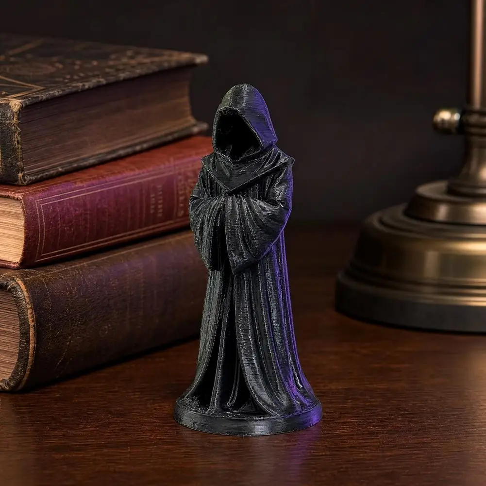3D Printed Hooded Robe Ornament, Matte Black Faceless Monk Figurine, Gothic Style Sculpture, for Halloween Indoor Outdoor Decor