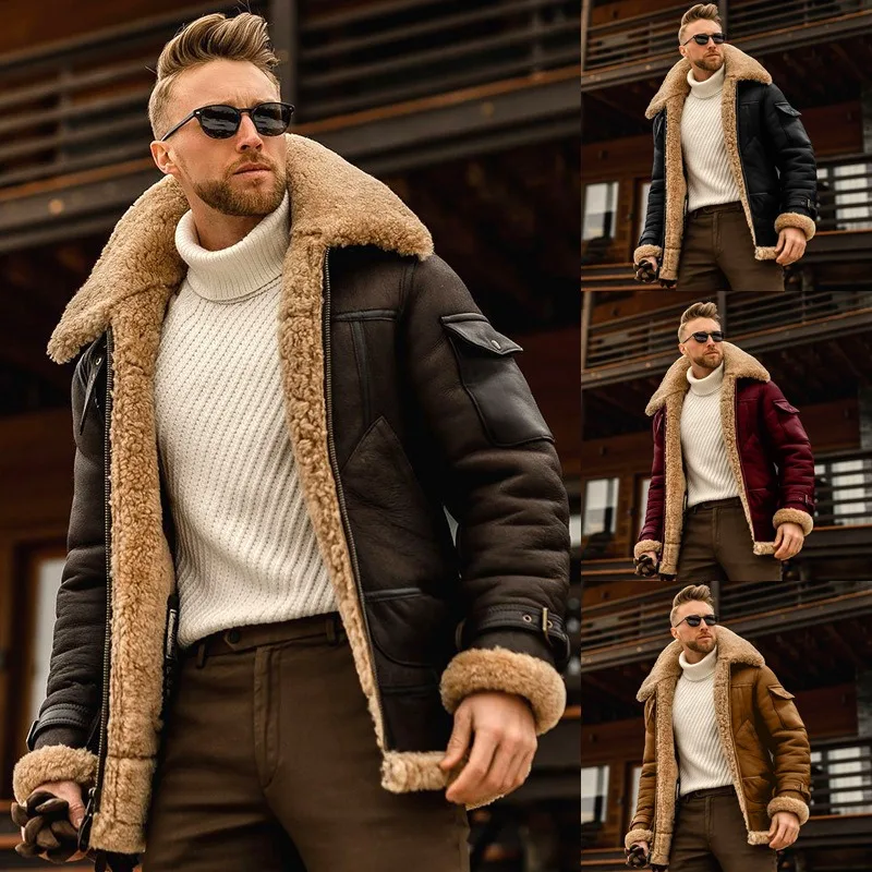 2026 Autumn New Men Vintage Faux Plush Lining Pilot Jacket Fashion Lapel Suede Zip‑Up Warm Winter Windproof Outerwear Coat