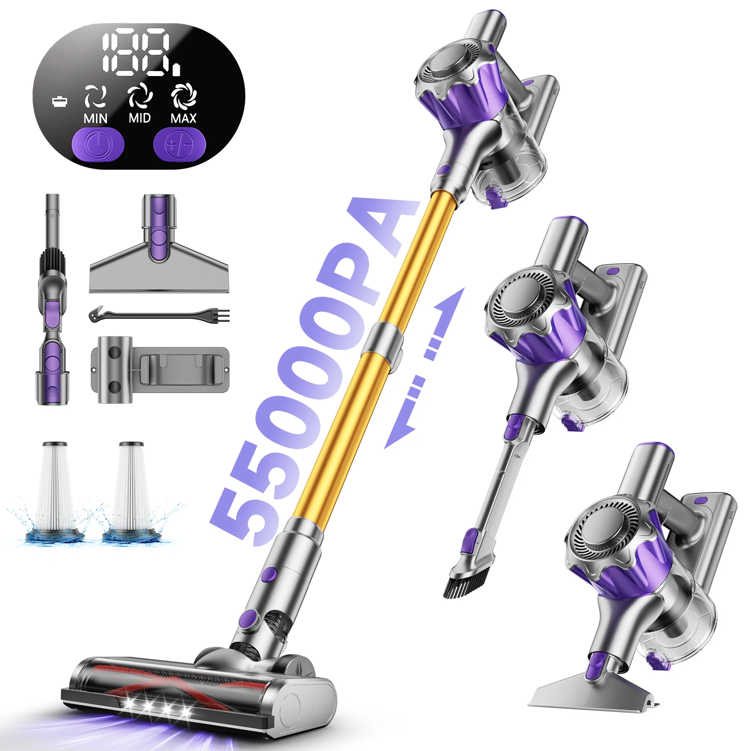 Tdyon 500W Kabelloser Staubsauger 55000Pa Cordless Vacuum Cleaner LED-Display 3 Saugmodi 50 Min Laufzeit Anti-Tangling-Bürste Tierhaar Teppich Hartbodenreiniger Komplettes Zubehörset
