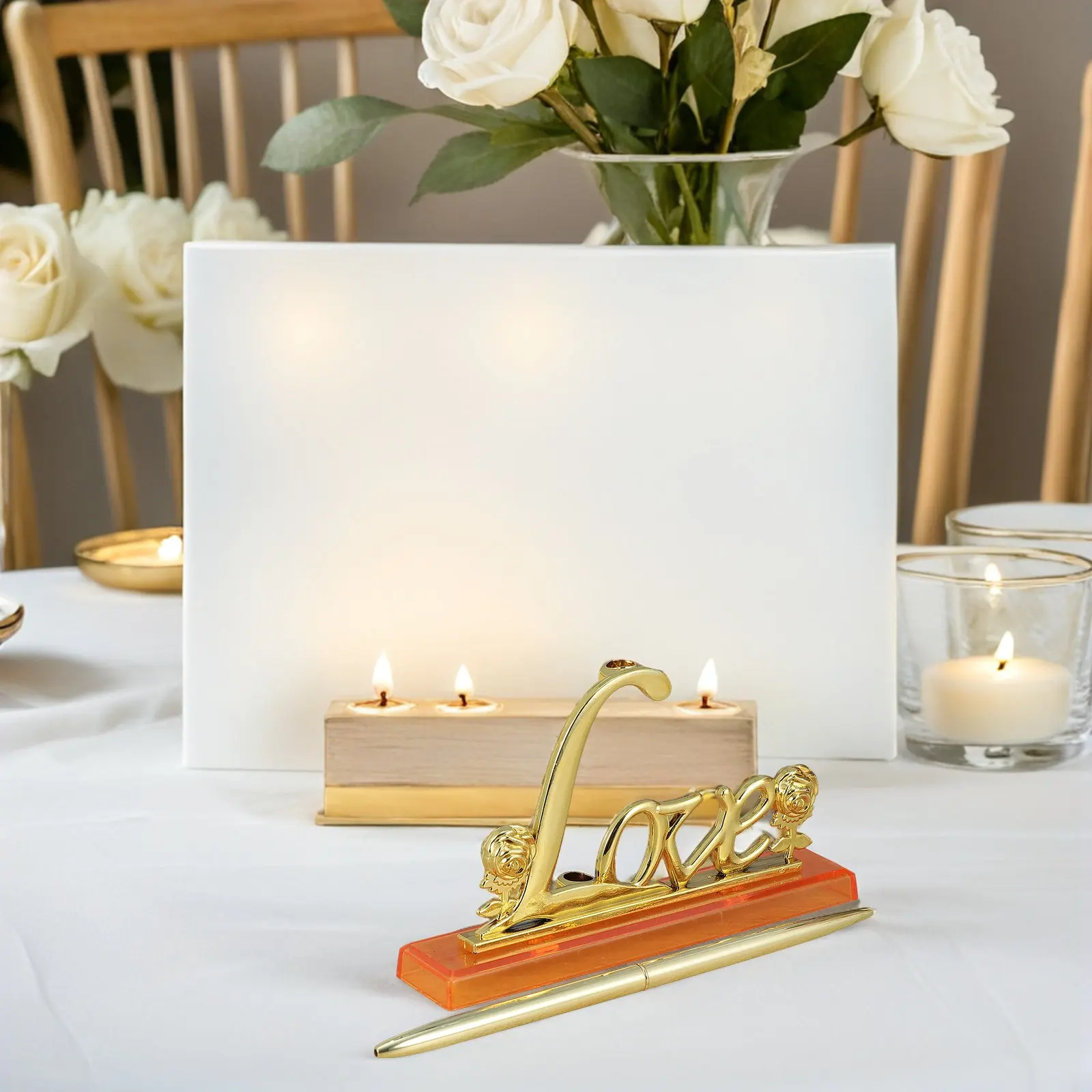 1Set Wedding Signing Pen Set Rose Flower Metal Love Pen for Guest Book Reception Desktop Elegant Decor Pens for Guest Book