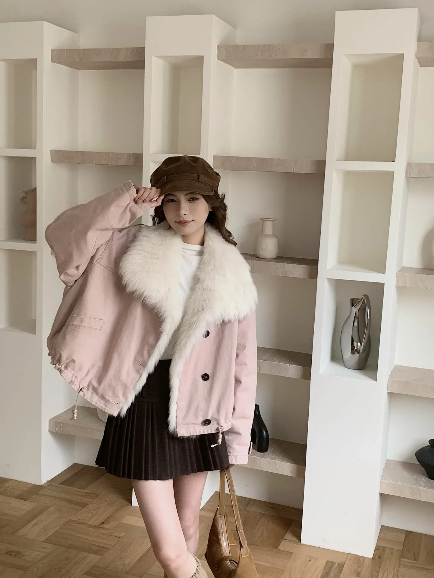 Peach Wulong 2025 Winter New Loose Korean-style lapel fox fur white goose down jacket Parker Fur women