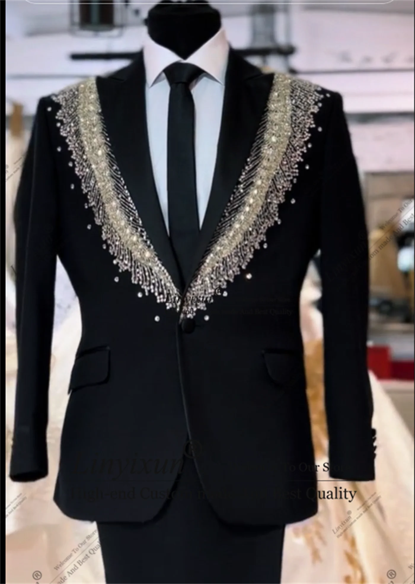 럭셔리 비즈 남성 정장, 신랑 턱시도, 숄, 라펠, 파티, 무도회 블레이저, 맞춤형 저녁 식사, 결혼식, 2 피스 세트