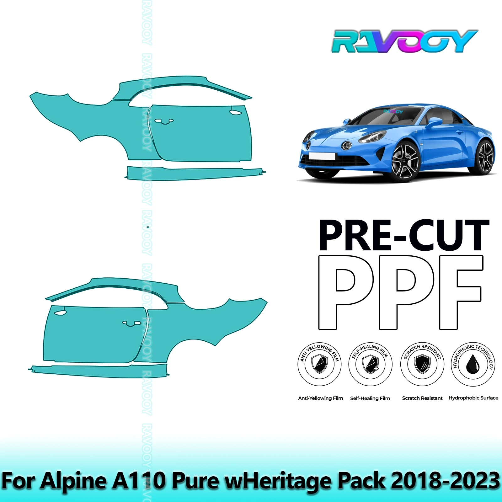 

For Alpine A110 Pure wHeritage Pack 2018-2023 8.5mil Clear Matte Pre-Cut PPF Door & A/B Pillar Kit TPU Paint Protection Film Set