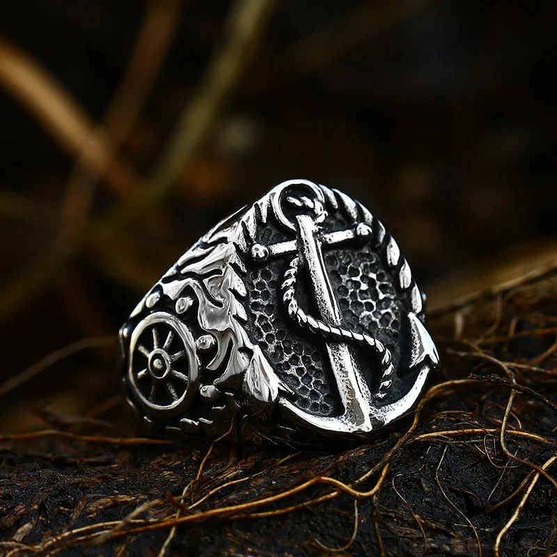 Beier 316L Stainless Steel Lychee Norse Viking Amulet Geometric Men Pirate Compass Cross Finger Ring Vintage Jewelry LR108