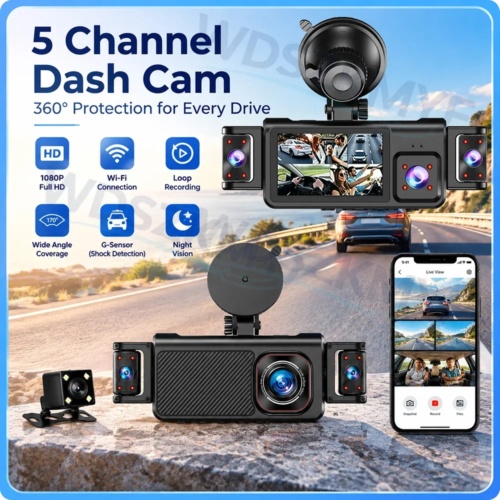 5Camera 360 Degrees Car DVR 1080P Video Recorder 4Lens 5Lens Dash Cam Front right left Rear View camera 24h Parking Monitor Gift