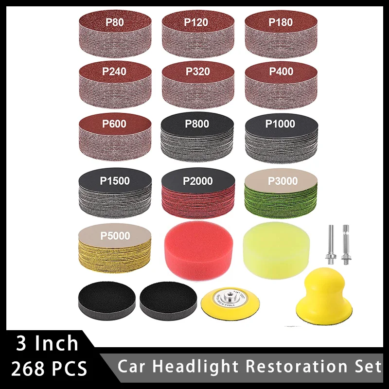 3 Inch Hook and Loop Sandpaper 268 Pcs Assorted 80-5000 Grit with Soft Foam Buffering Pad 1/4