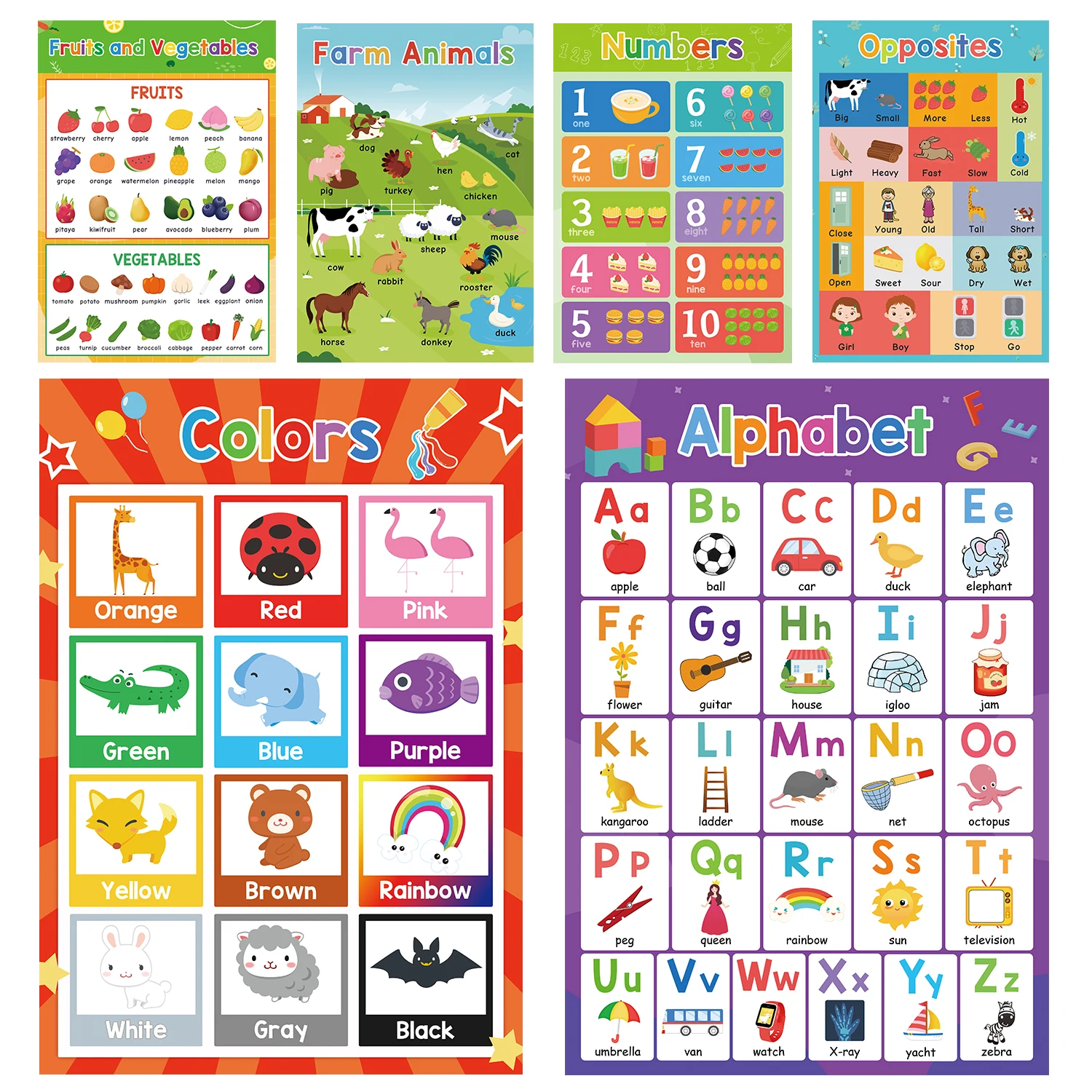 

6 Pcs/set A3 Big Size Educational Preschool classroom school Posters Charts Toddlers Kids Kindergarten Numbers Alphabet Colors