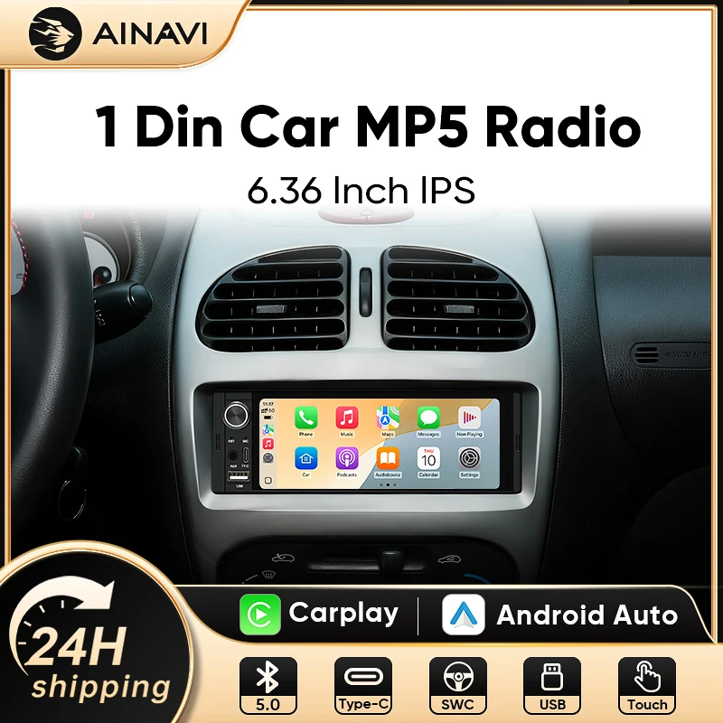 AINAVI 1Din 6,36 pouces, écran tactile Carplay Android Auto, MP5 avec Bluetooth, stéréo, charge USB, autoradio, lecteur multimédia vidéo