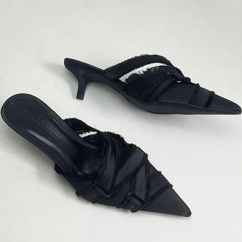 Pointed Toe Footwear Black Ladies Thin Heels Pumps Shoes Luxury Fashion Shallow Female Weave Medium Heels Shoes Women Mules